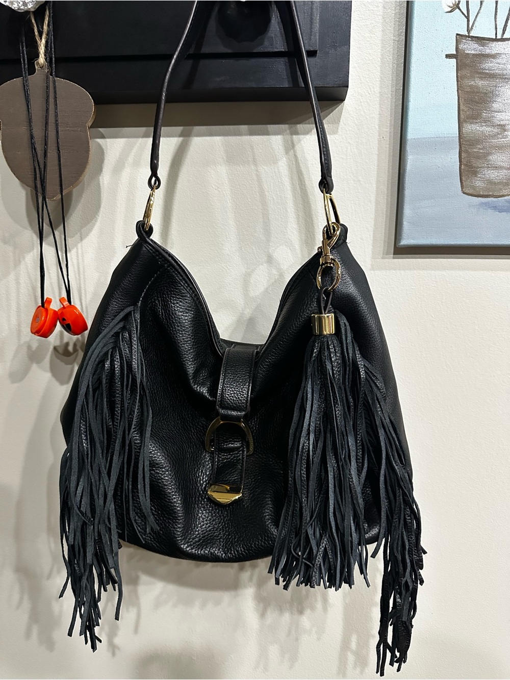 G.I.L.I. Black Leather Fringe Hobo Shoulder Bag